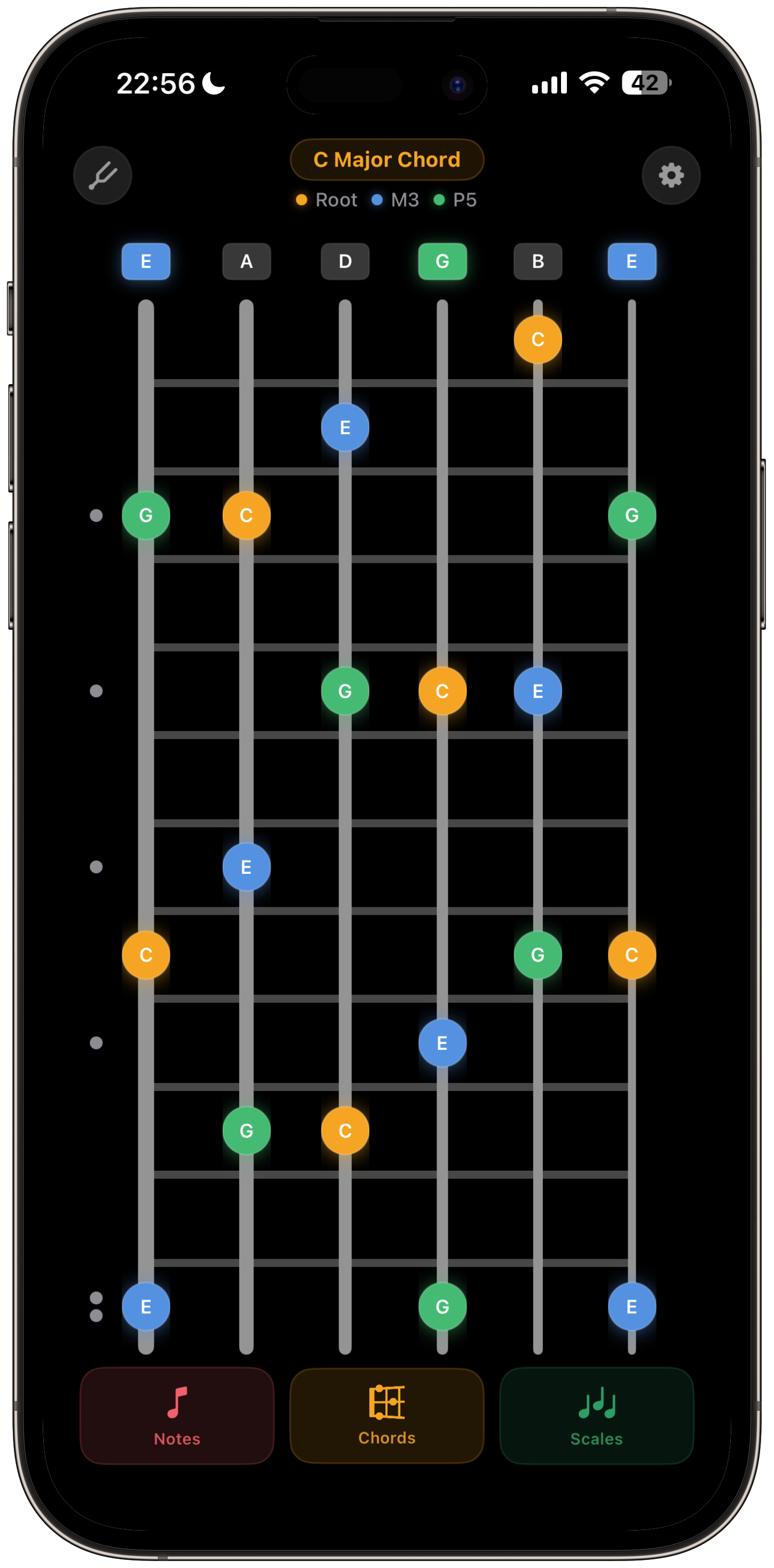 Guitar Fretboards app showing chord positions across the fretboard